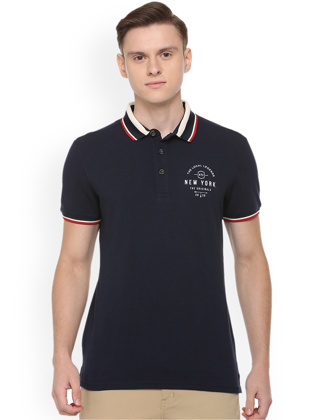 

People Men Navy Blue Solid Polo Collar T-shirt