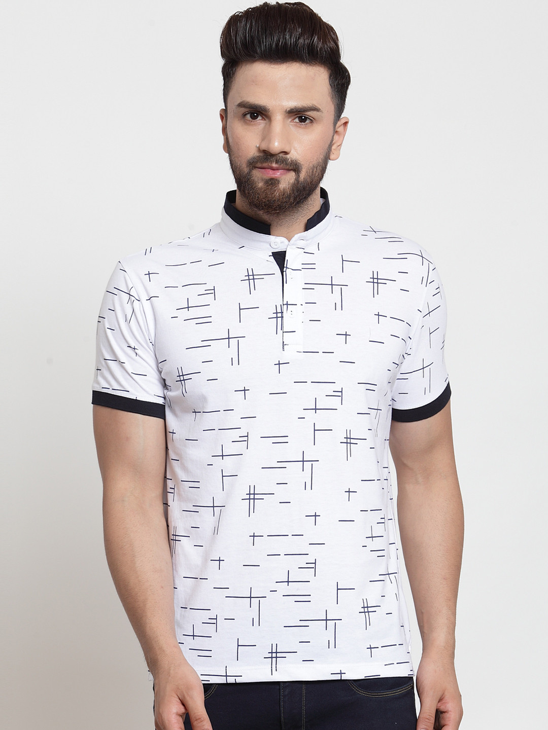 

WILD WEST Men White Printed Mandarin Collar T-shirt