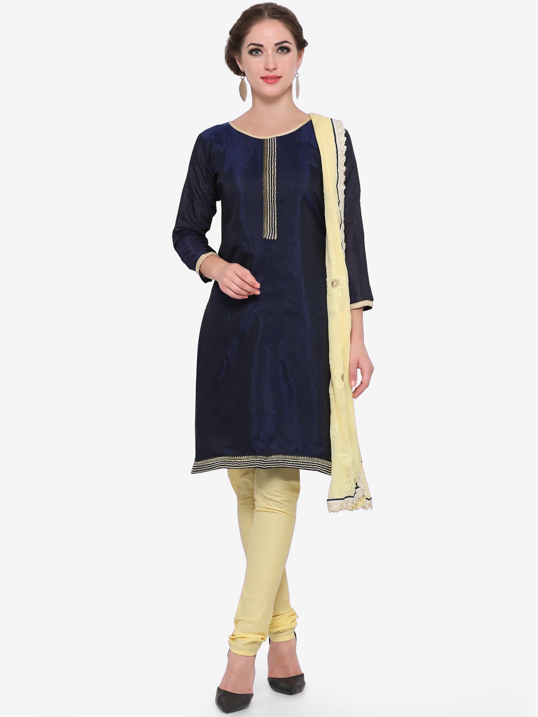 

Blissta Navy Blue & Yellow Cotton Blend Unstitched Dress Material