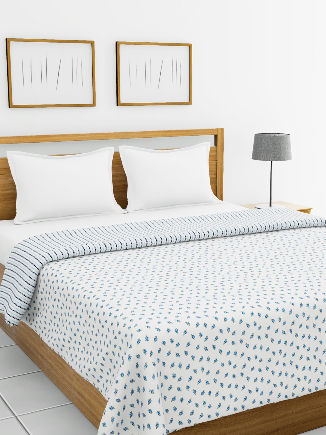

BIANCA White & Blue Floral AC Room 300 GSM Double Bed Reversible Dohar