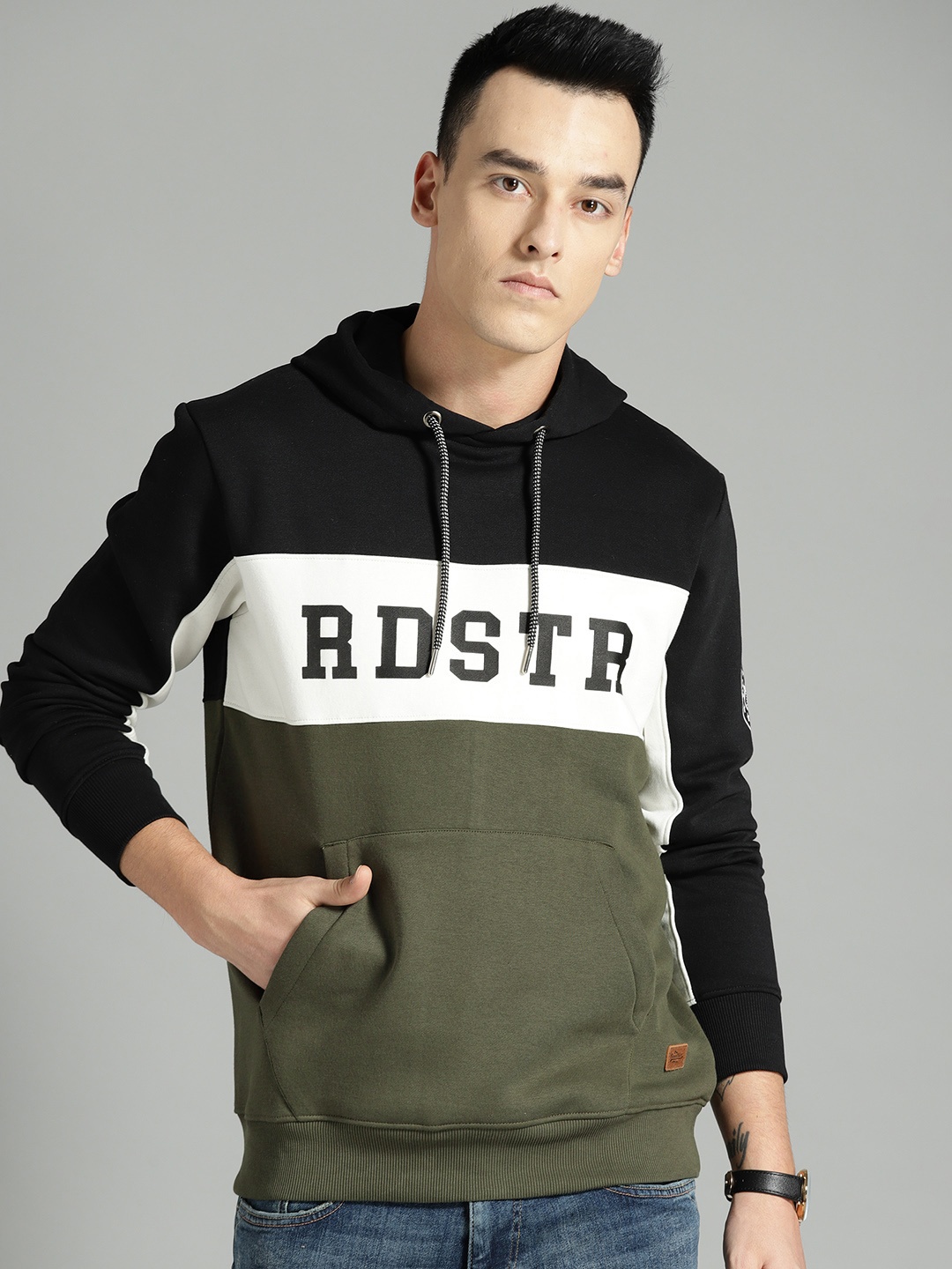 

The Roadster Lifestyle Co Men Olive Green & White Colourblocked Hooded Sweatshirt