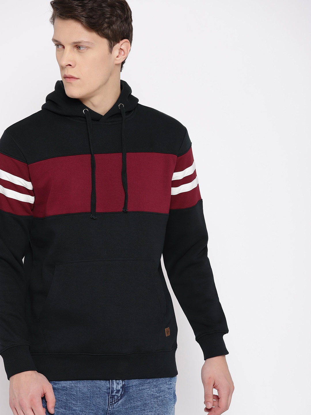 

The Roadster Lifestyle Co Men Navy Blue & Maroon Colourblocked Hooded Sweatshirt
