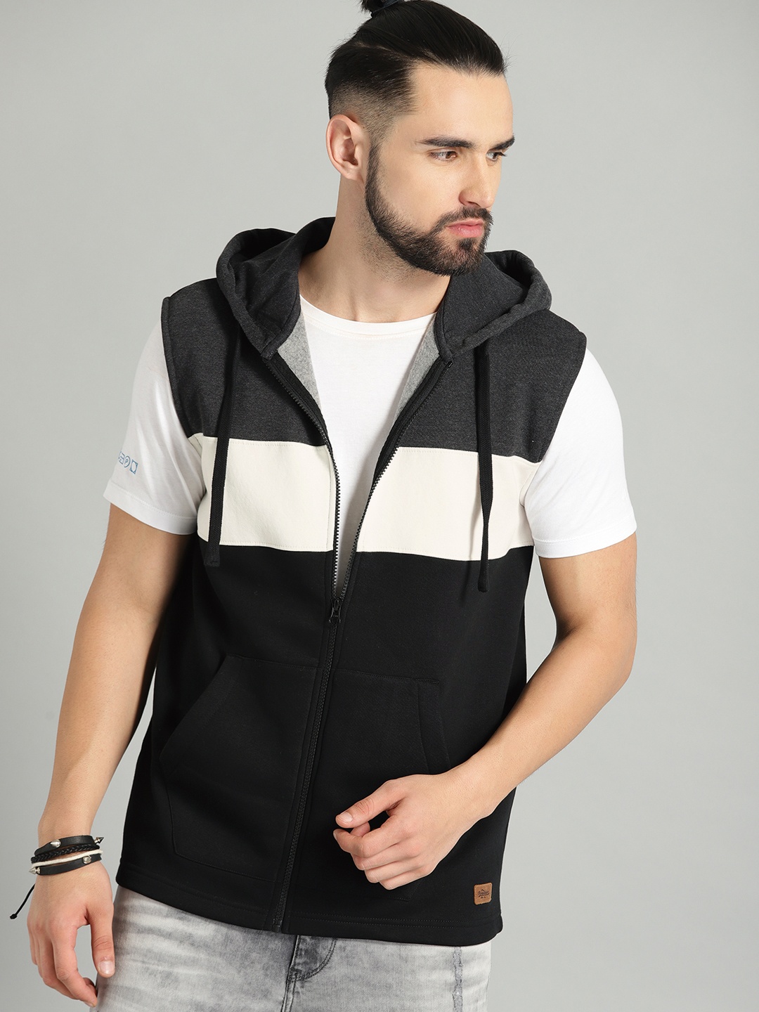 

The Roadster Lifestyle Co Men Grey Melange & White Striped Hooded Sweatshirt