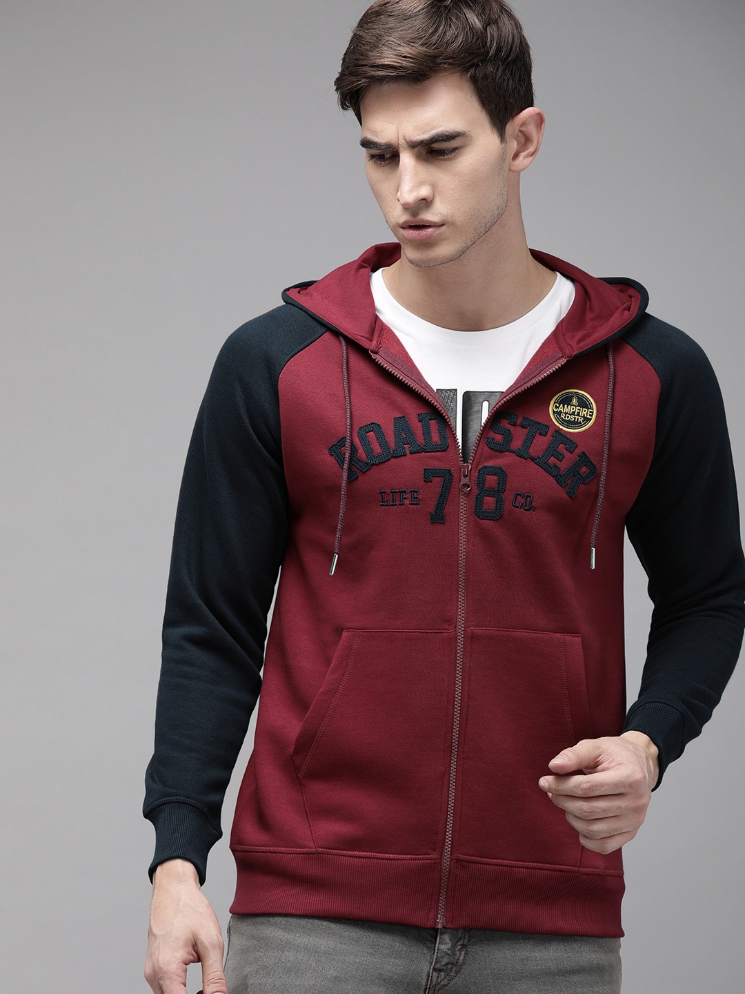 

The Roadster Lifestyle Co Men Maroon Printed Hooded Sweatshirt