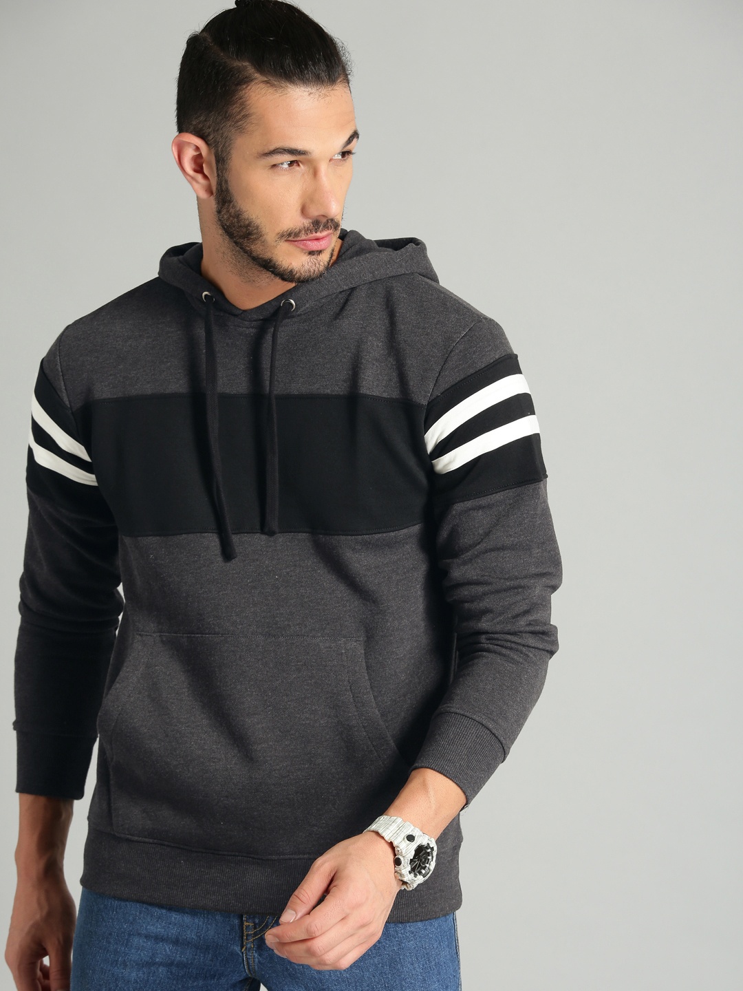 

The Roadster Lifestyle Co Men Charcoal Grey & Black Colourblocked Hooded Sweatshirt