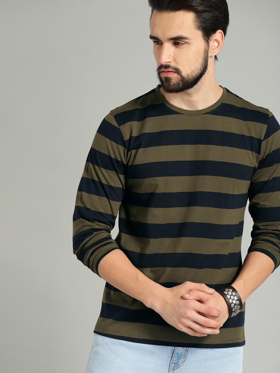 

The Roadster Lifestyle Co Men Olive Green Navy Blue Striped Round Neck Pure Cotton T-shirt