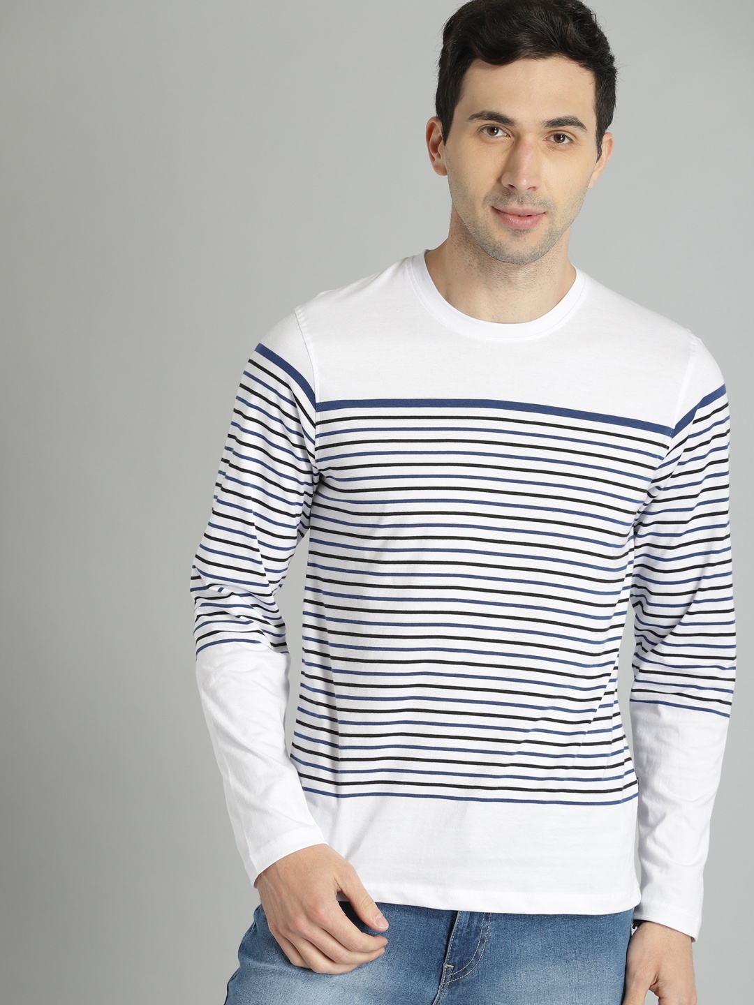 

The Roadster Lifestyle Co Men White Blue Striped Round Neck Pure Cotton T-shirt