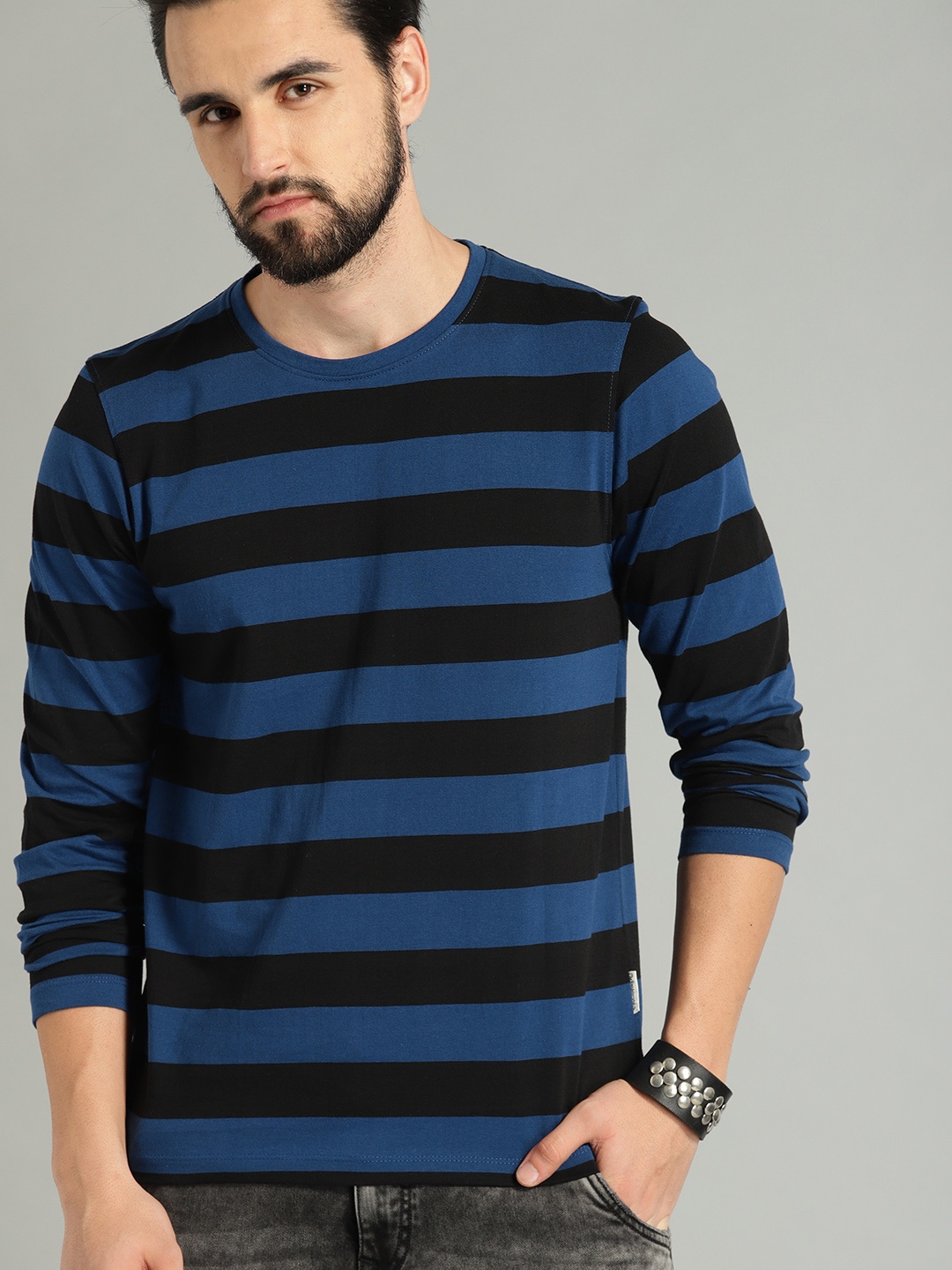 

The Roadster Lifestyle Co Men Navy Blue Black Striped Round Neck Pure Cotton T-shirt