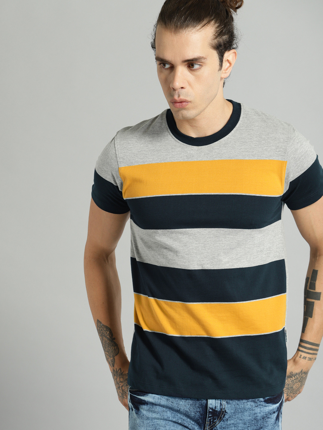 

The Roadster Lifestyle Co Men Grey Melange Navy Striped Round Neck Pure Cotton T-shirt