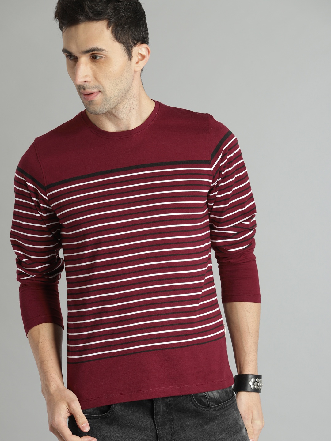

The Roadster Lifestyle Co Men Maroon Black Striped Pure Cotton T-shirt
