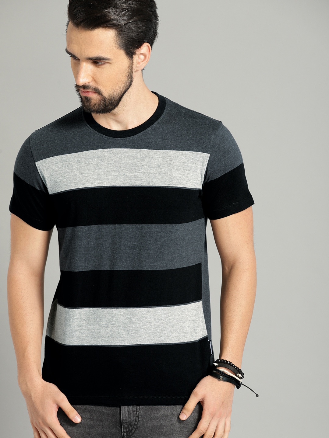 

The Roadster Lifestyle Co Men Grey Black Striped Round Neck Pure Cotton T-shirt