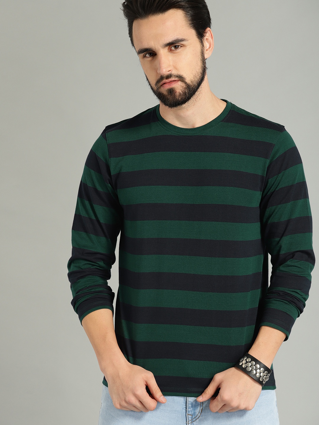 

Roadster Men Green Navy Blue Striped Round Neck Pure Cotton T-shirt