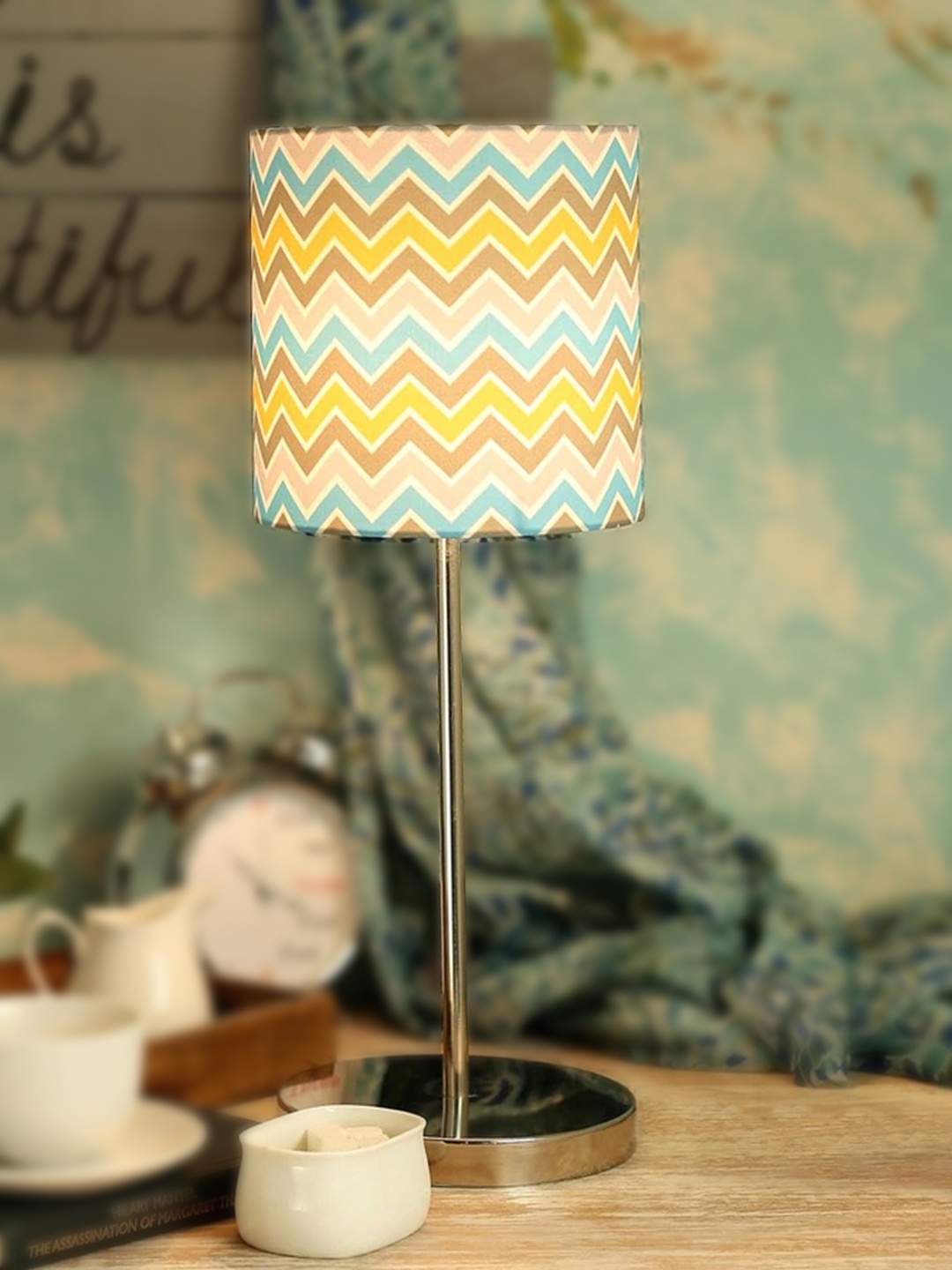 

green girgit Steel-Coloured & Yellow Chevron Printed Buffet Lamp with Shade