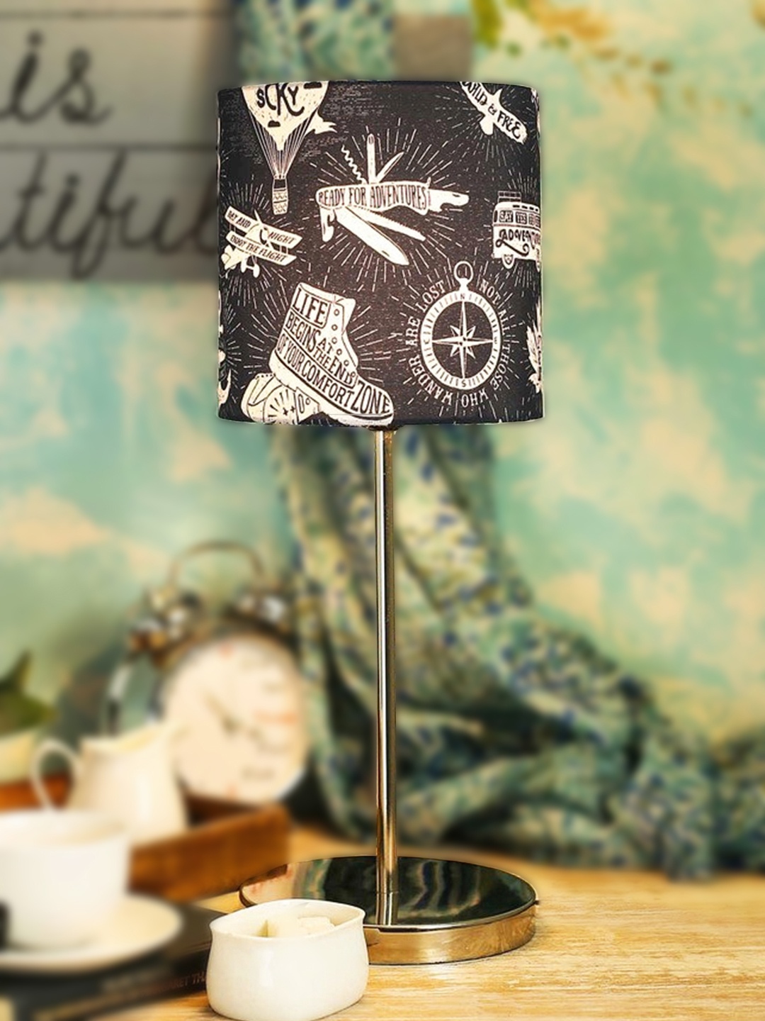 

green girgit Steel-Coloured & Brown The Voyager Printed Buffet Lamp with Shade