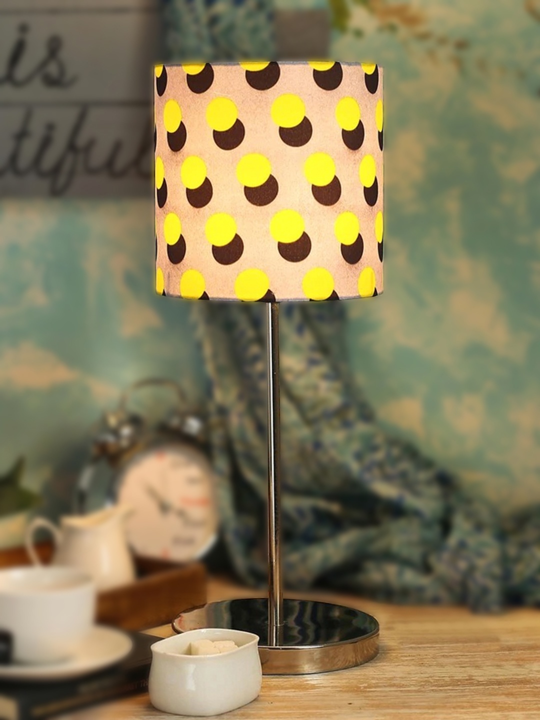 

green girgit Steel-Coloured & Yellow Polka Printed Buffet Table Lamp with Shade