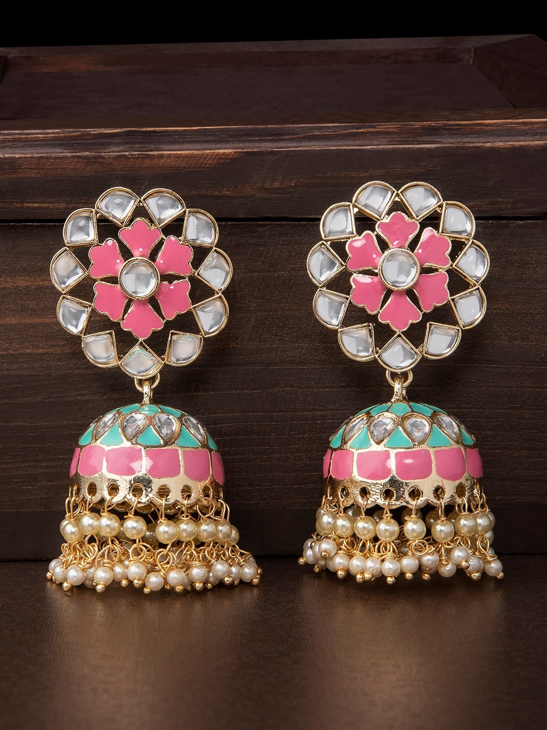 

Rubans Gold-Toned & Pink Classic Jhumkas