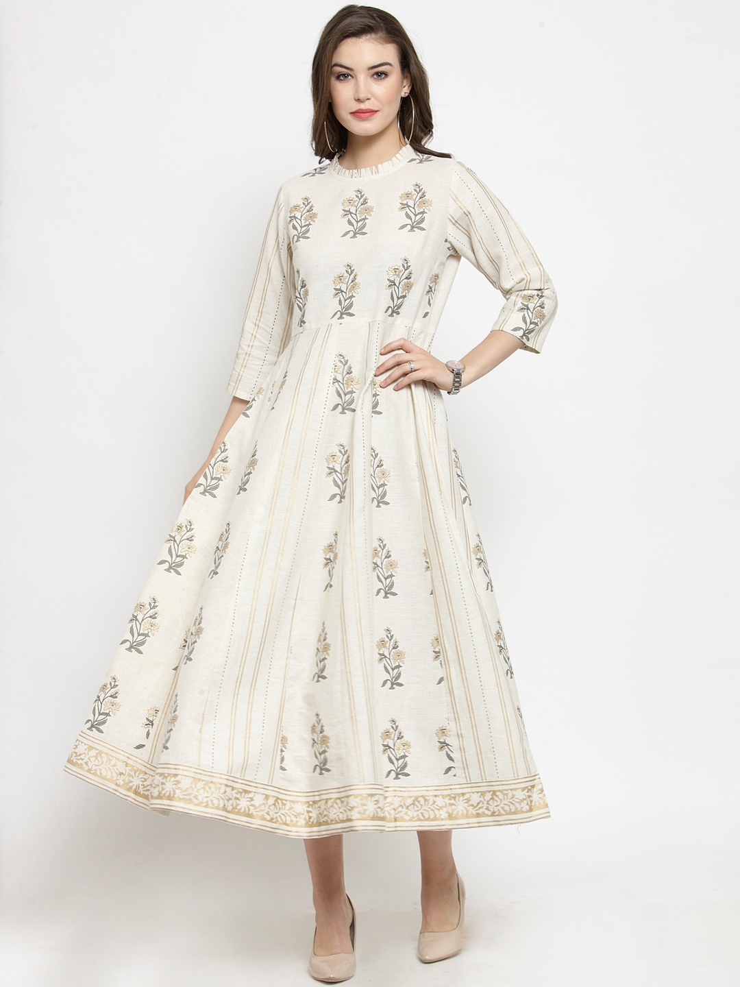 

Varanga Women Off-White Floral Print Fit and Flare Dress