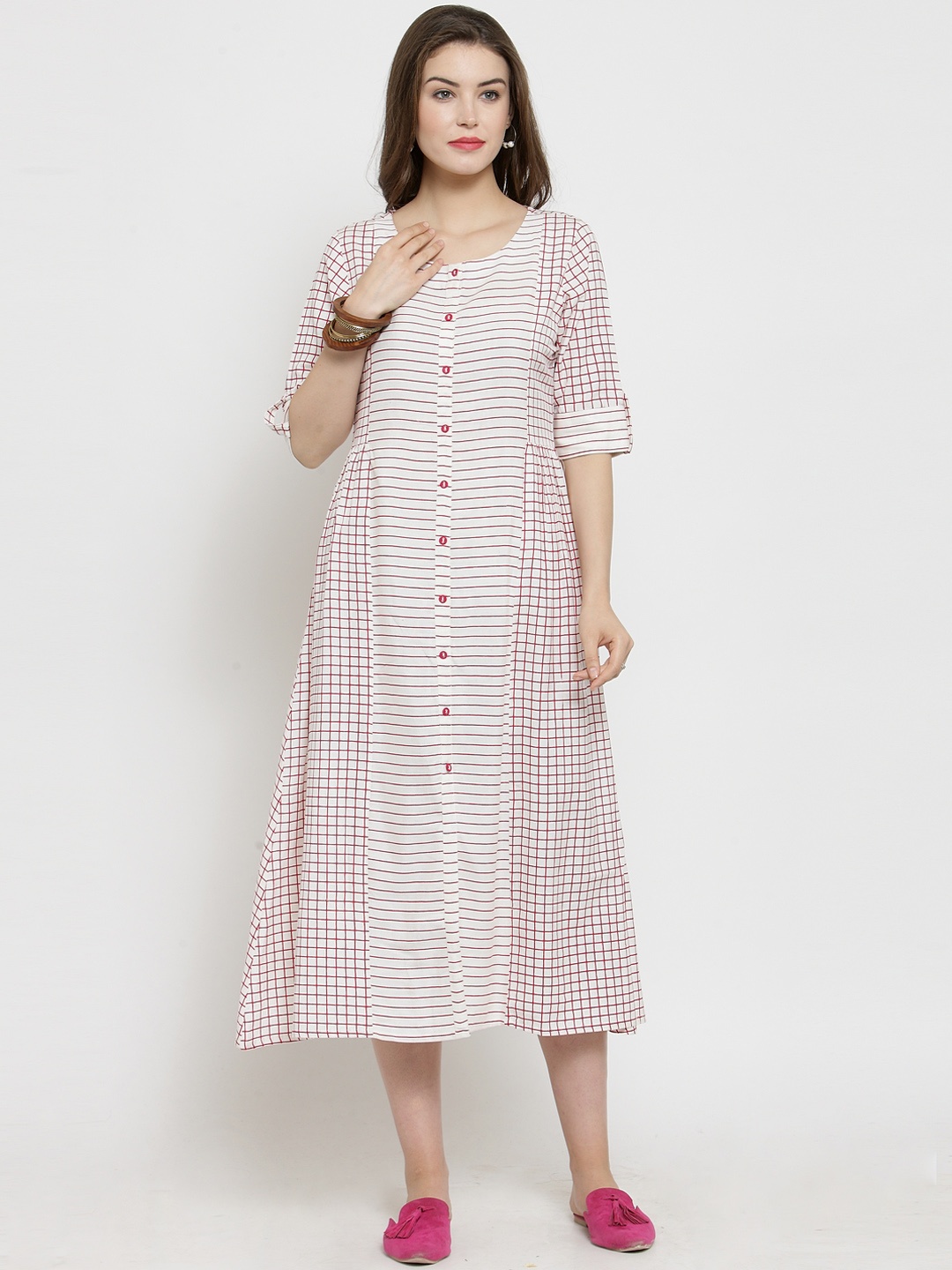 

Varanga Women White Checked Fit and Flare Dress