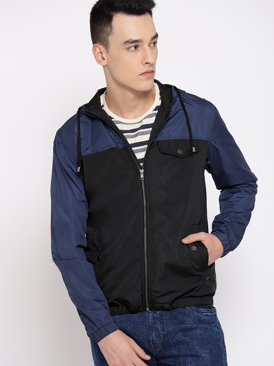 

The Roadster Lifestyle Co Men Black & Navy Blue Colourblocked Hooded Tailored Jacket
