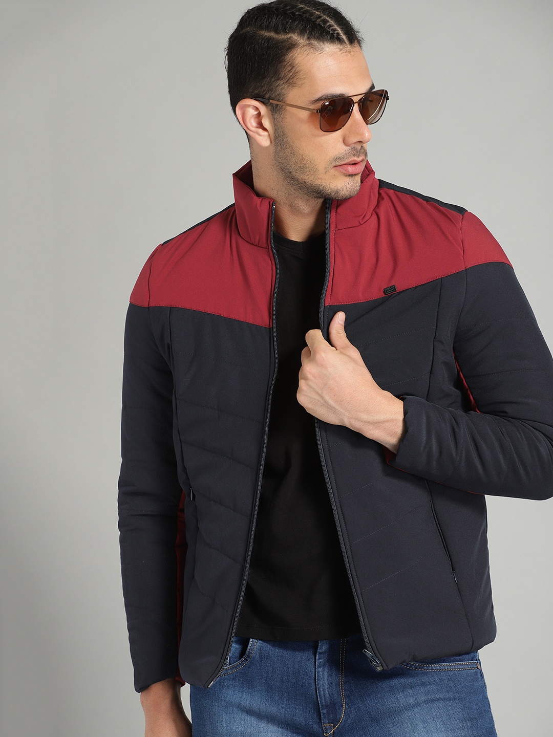 

Roadster Men Navy Blue & Red Colourblocked Puffer Jacket