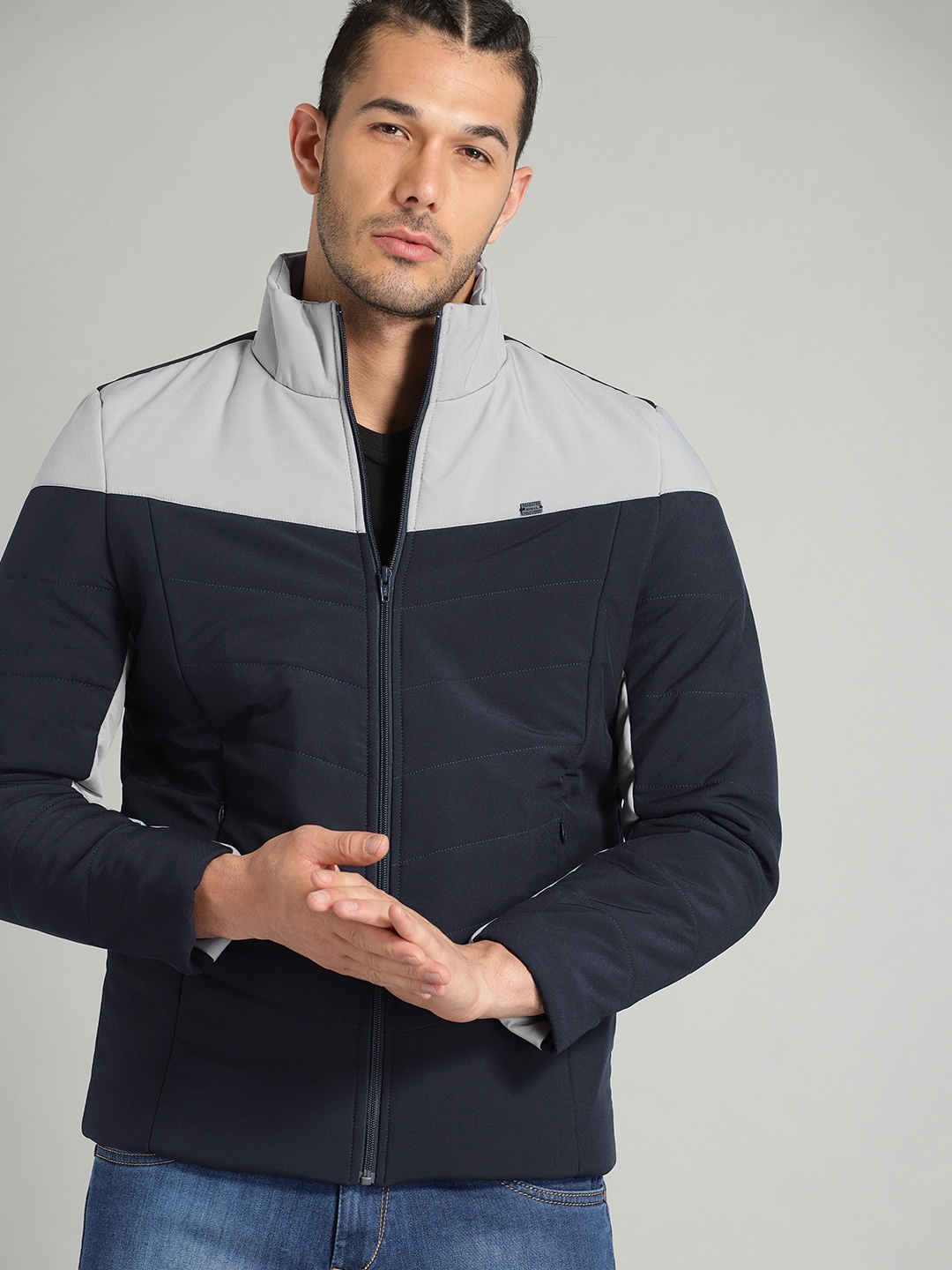 

Roadster Men Navy Blue Grey Colourblocked Puffer Jacket