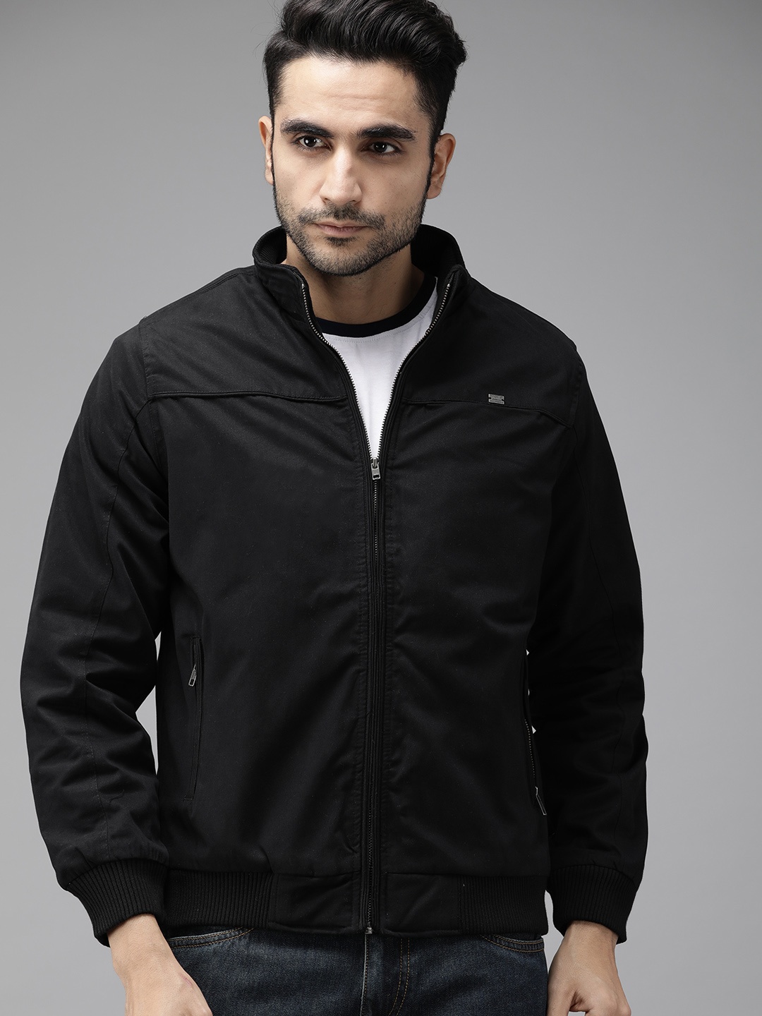 

The Roadster Lifestyle Co Men Black Solid Bomber Jacket