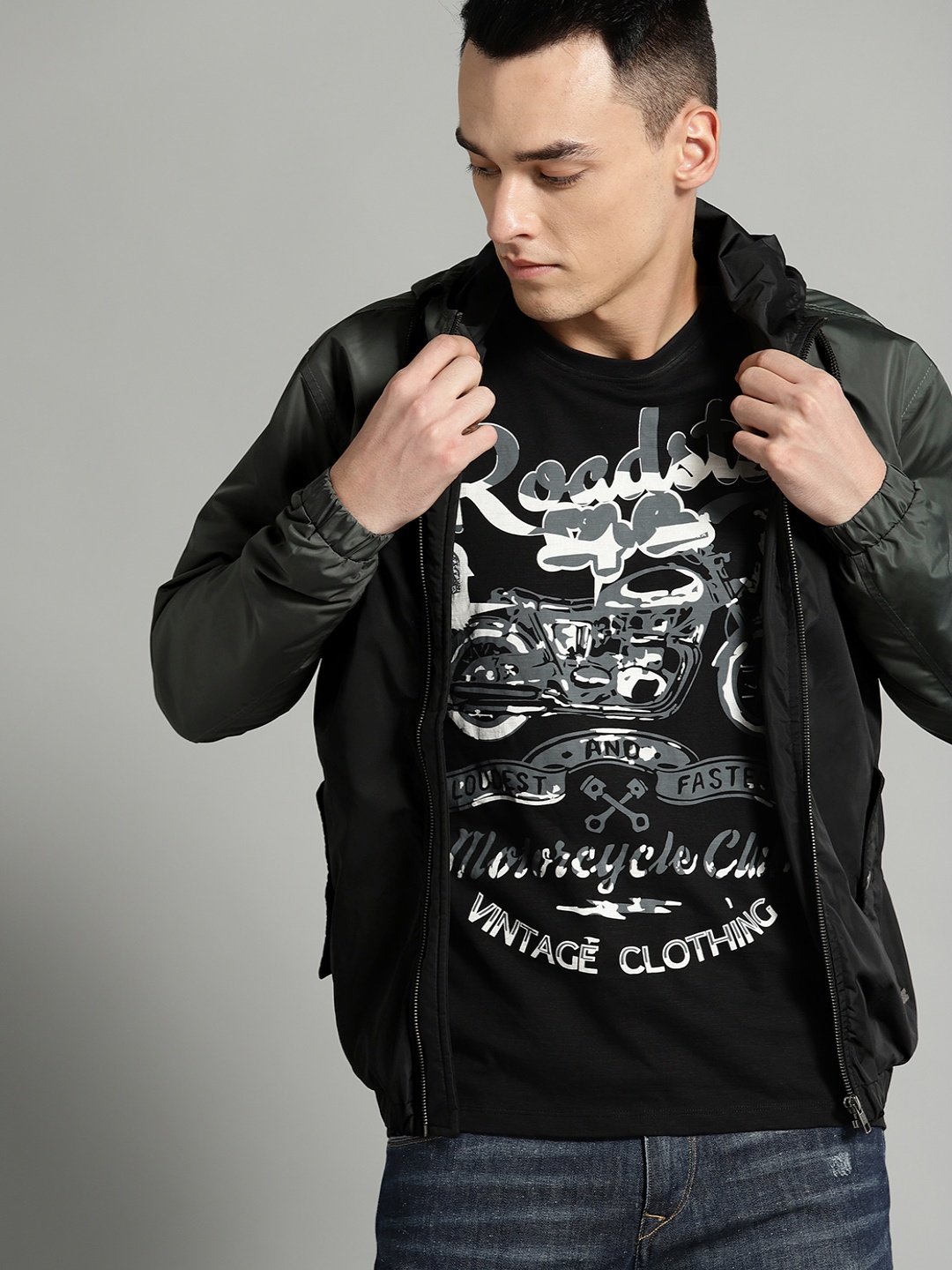 

The Roadster Lifestyle Co Men Black & Olive Green Colourblocked Hooded Bomber Jacket