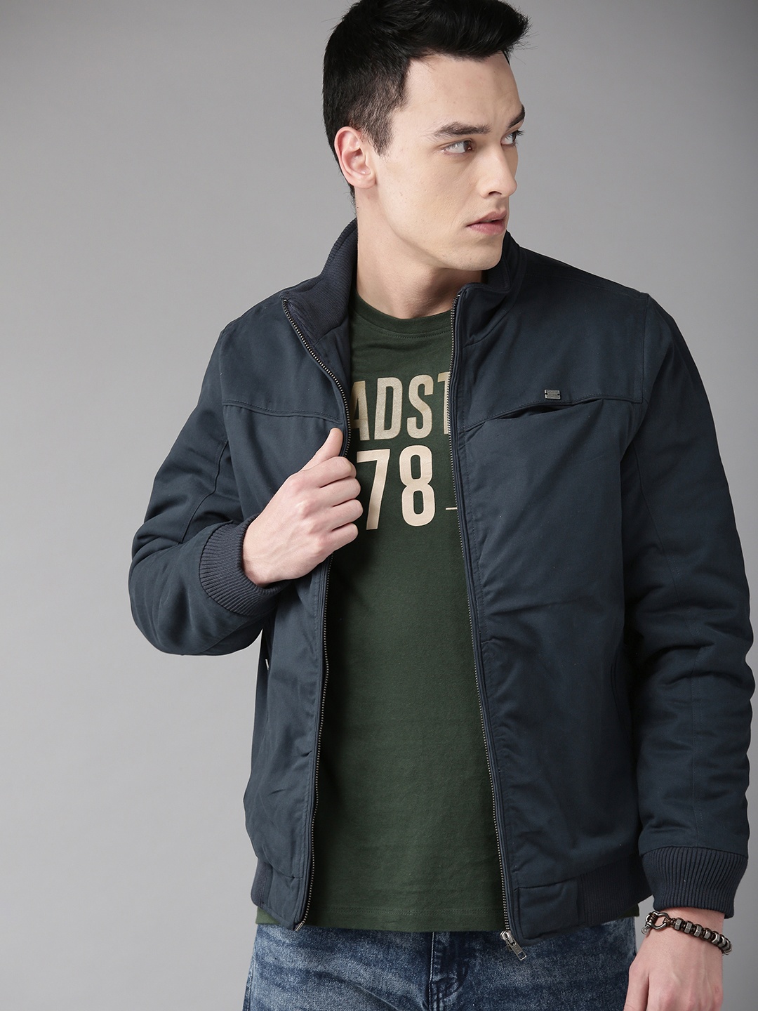 

The Roadster Lifestyle Co Men Navy Blue Solid Bomber Jacket