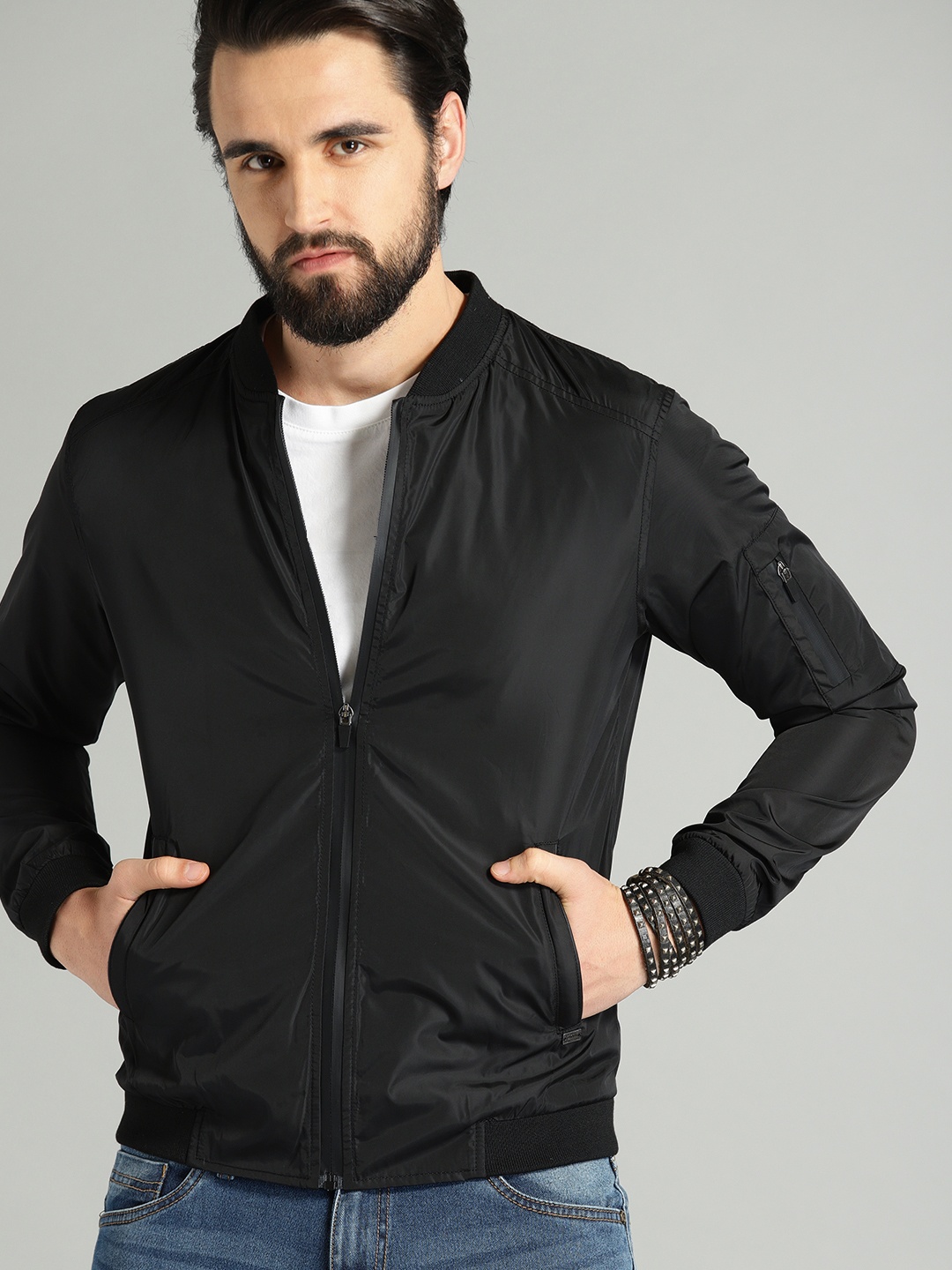 

The Roadster Lifestyle Co Men Black Solid Bomber Jacket