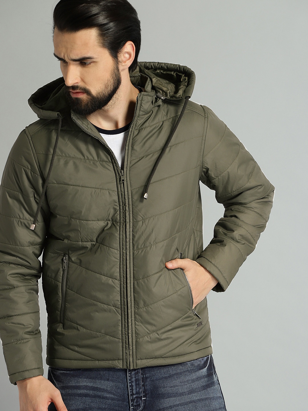 

The Roadster Lifestyle Co Men Olive Green Solid Detachable Hooded Padded Jacket