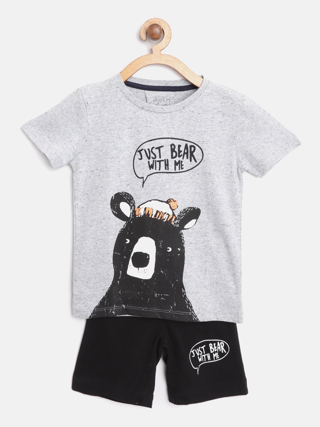 

Lazy Shark Boys Grey Melange & Black Printed T-shirt with Shorts