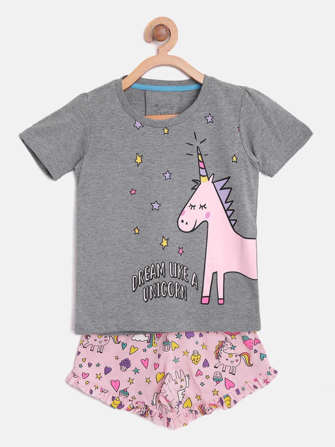 

Lazy Shark Girls Grey & Pink Printed T-shirt with Shorts, Grey melange