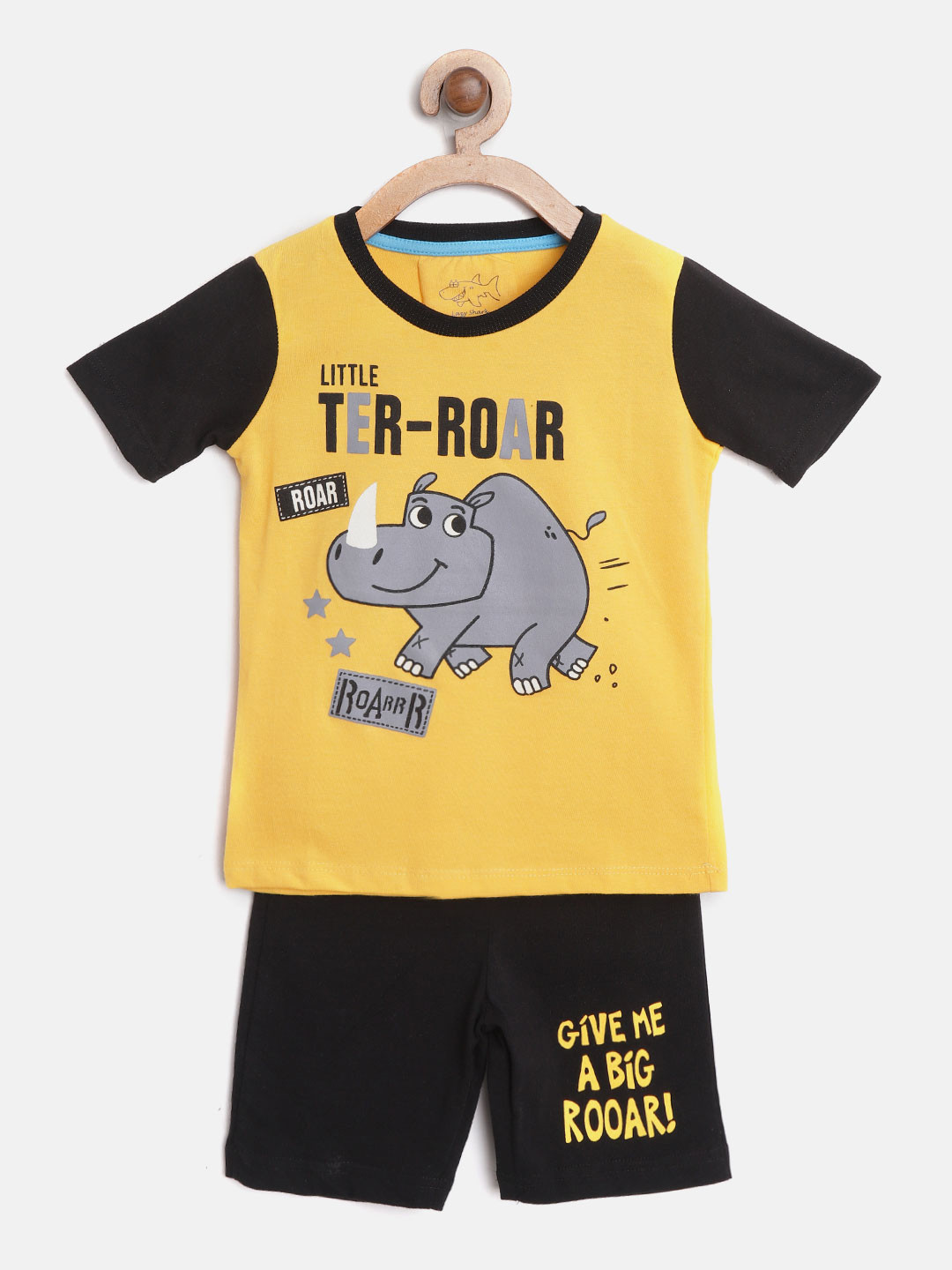 

Lazy Shark Boys Yellow & Black Printed T-shirt with Shorts