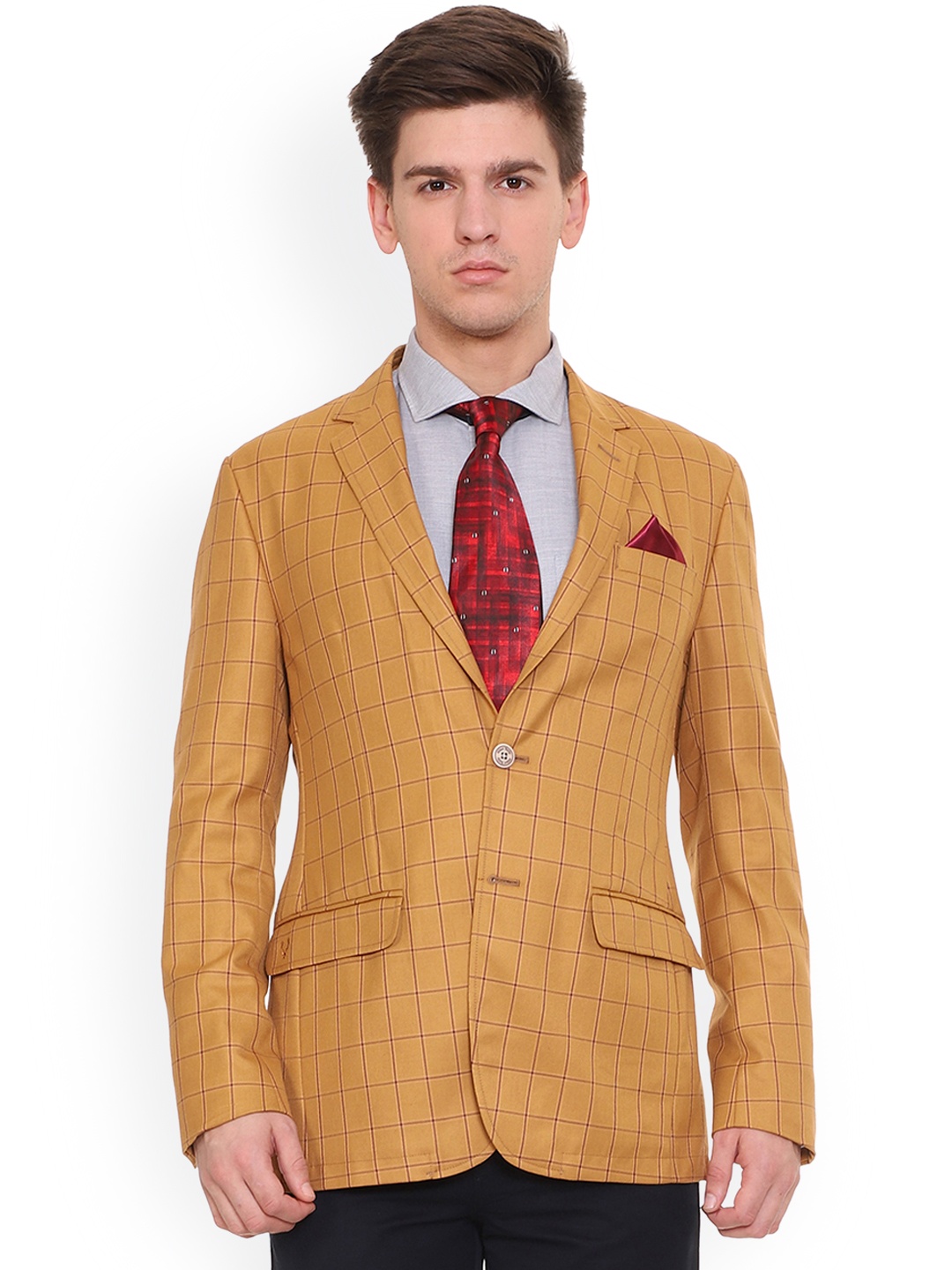 

Allen Solly Men Mustard Checked Slim Fit Single-Breasted Blazer