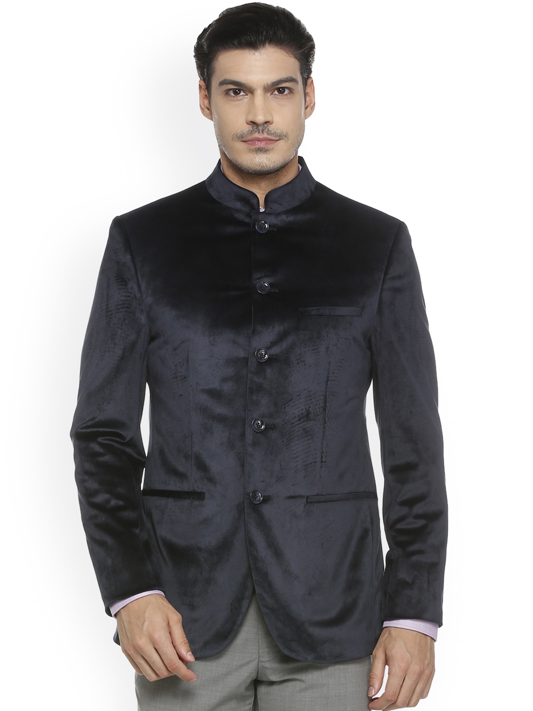 

Allen Solly Men Navy Blue Solid Regular Fit Bandhgala Blazer