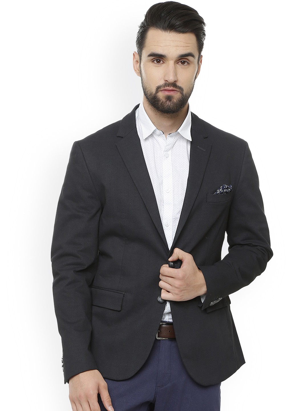 

V Dot Men Navy Blue Self Design Slim Fit Single-Breasted Blazer