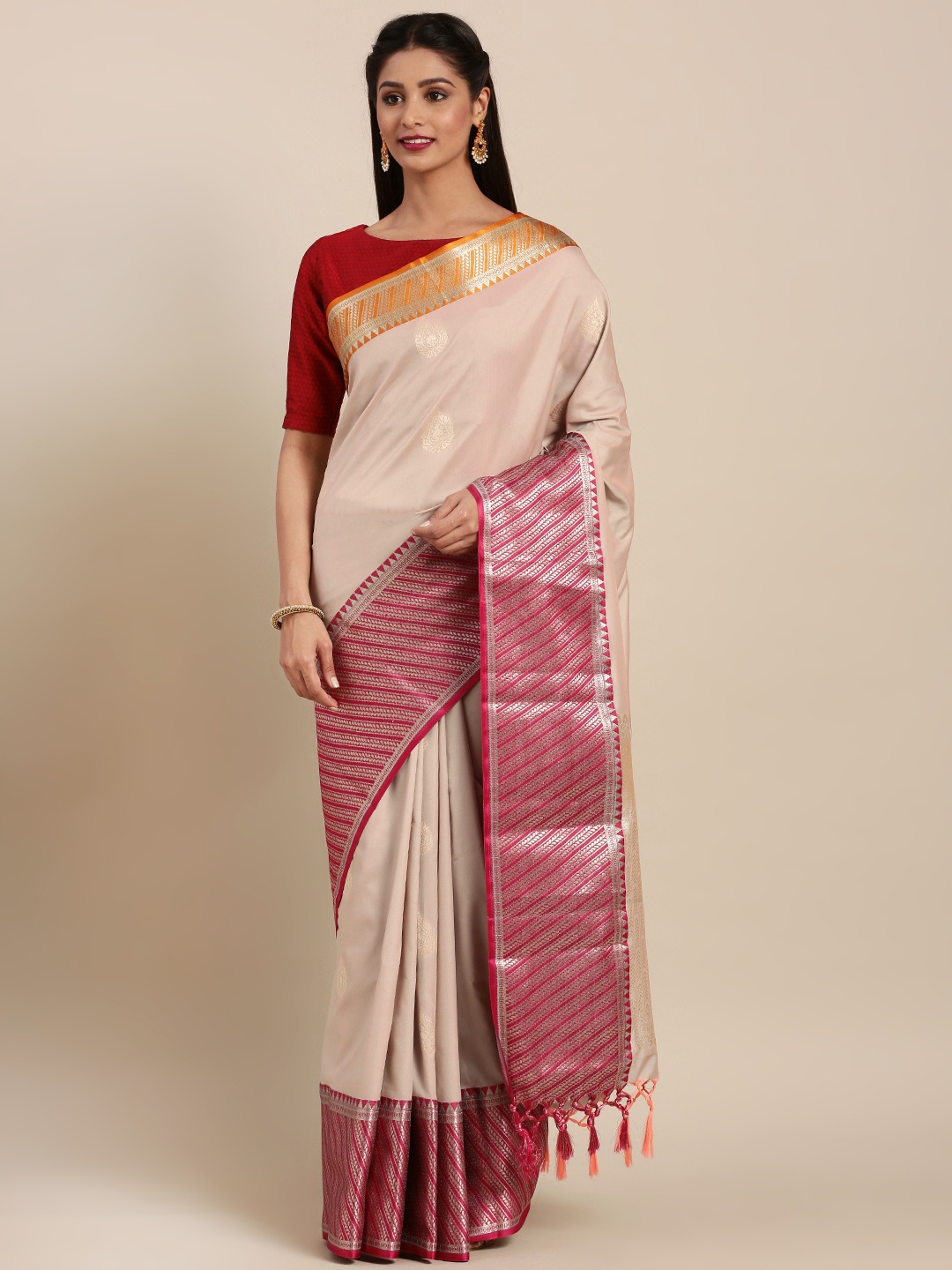 

Varkala Silk Sarees Grey & Pink Silk Blend Woven Design Kanjeevaram Saree