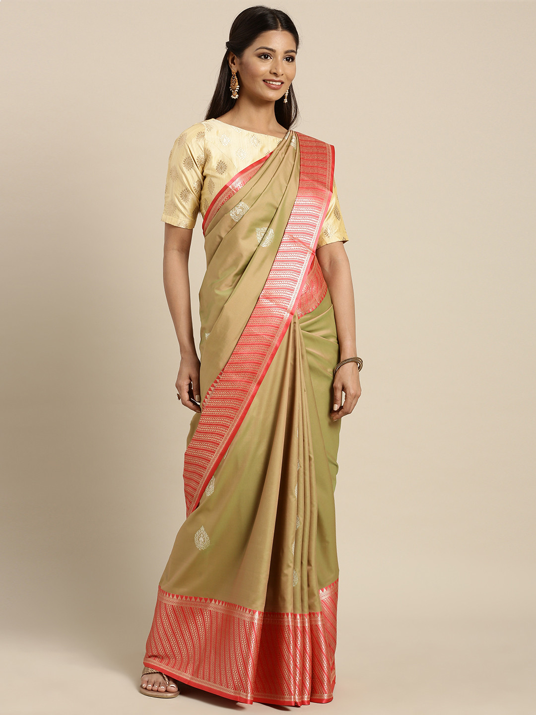

Varkala Silk Sarees Khaki & Gold-Toned Silk Blend Woven Design Kanjeevaram Saree