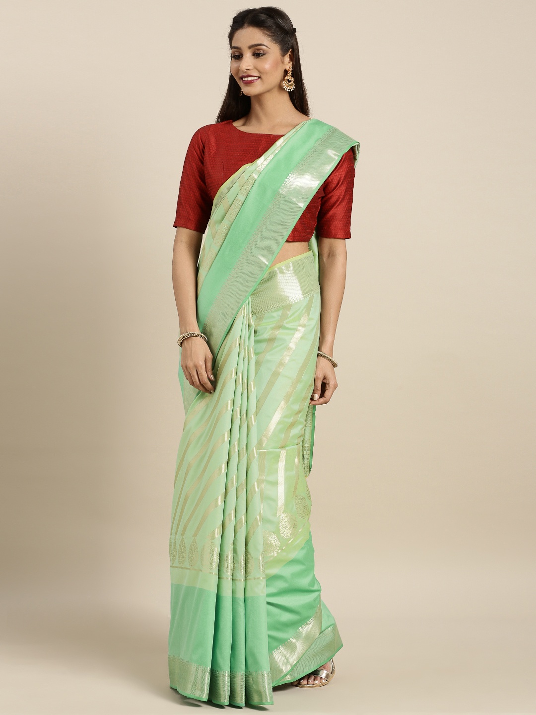 

Varkala Silk Sarees Sea Green Silk Blend Woven Design Kanjeevaram Saree