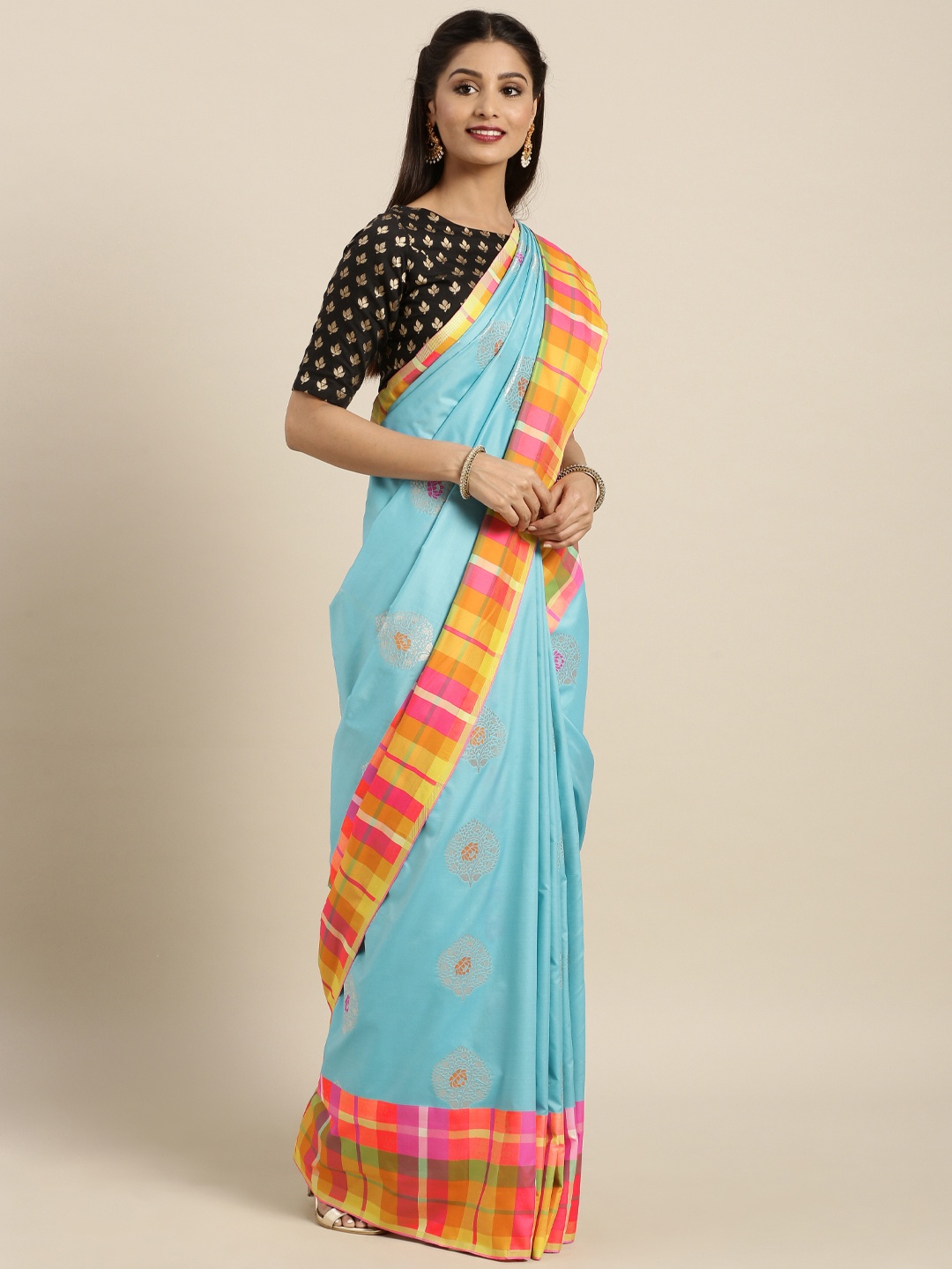 

Varkala Silk Sarees Turquoise Blue Silk Blend Woven Design Kanjeevaram Saree