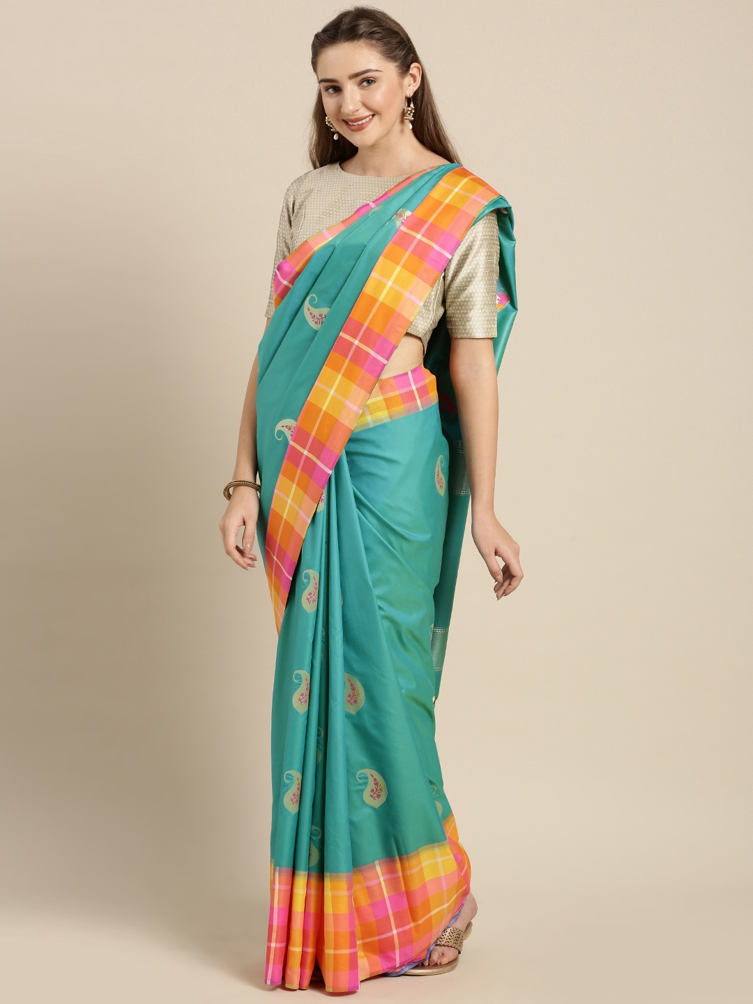 

Varkala Silk Sarees Women Teal Blue & Orange Silk Blend Woven Design Kanjeevaram Saree