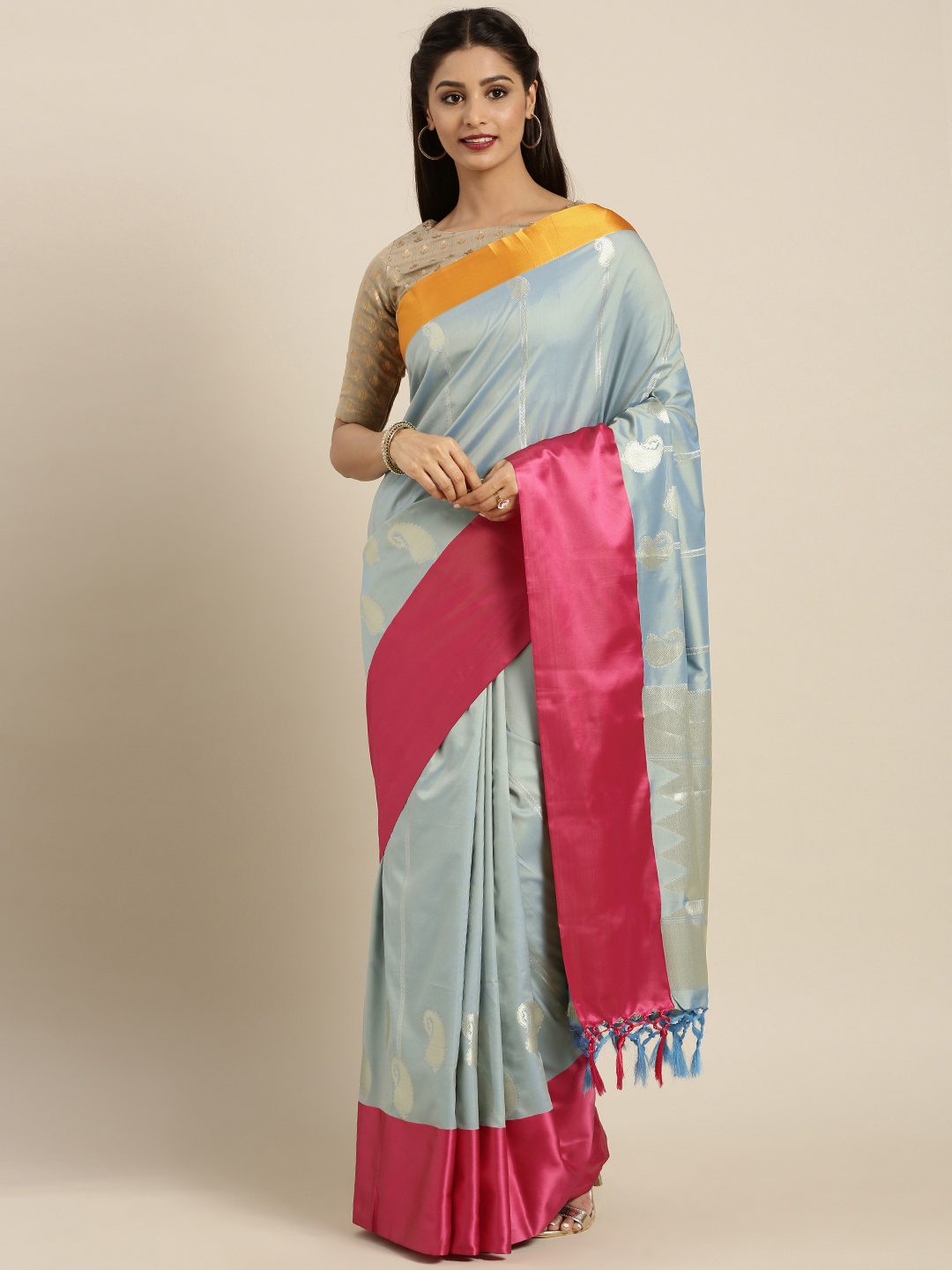 

Varkala Silk Sarees Blue & Pink Silk Blend Woven Design Kanjeevaram Saree, Turquoise blue