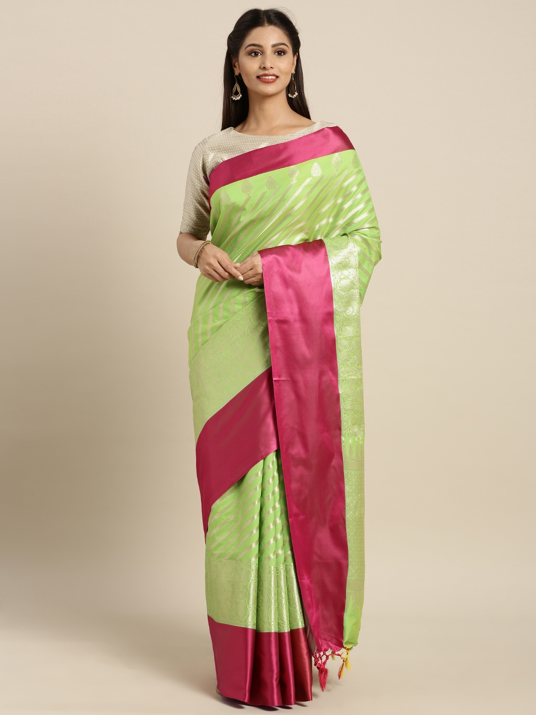 

Varkala Silk Sarees Green & Pink Silk Blend Striped Kanjeevaram Saree