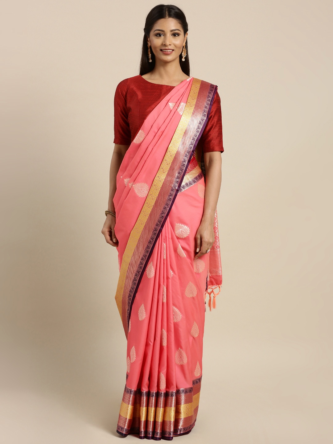 

Varkala Silk Sarees Pink Silk Blend Woven Design Kanjeevaram Saree