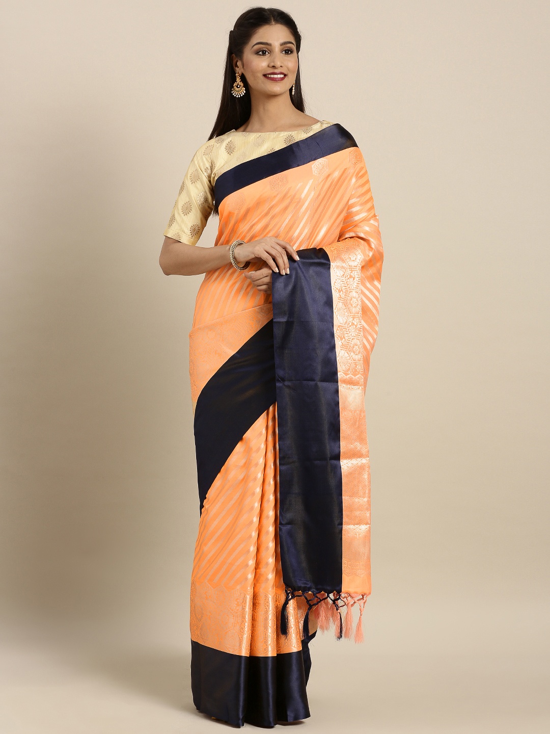 

Varkala Silk Sarees Orange & Navy Blue Silk Blend Woven Design Kanjeevaram Saree