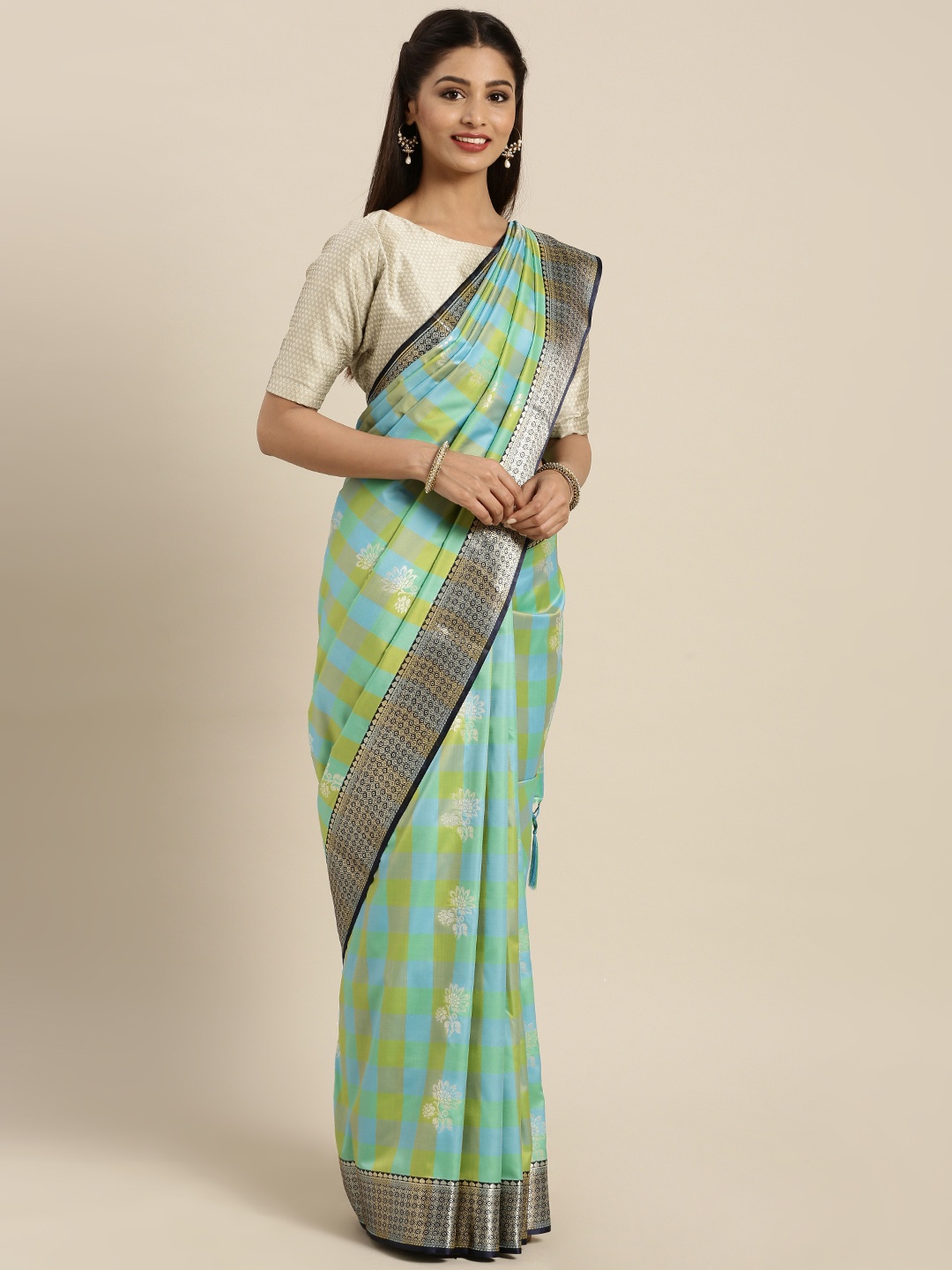

Varkala Silk Sarees Blue & Green Silk Blend Checked Kanjeevaram Saree