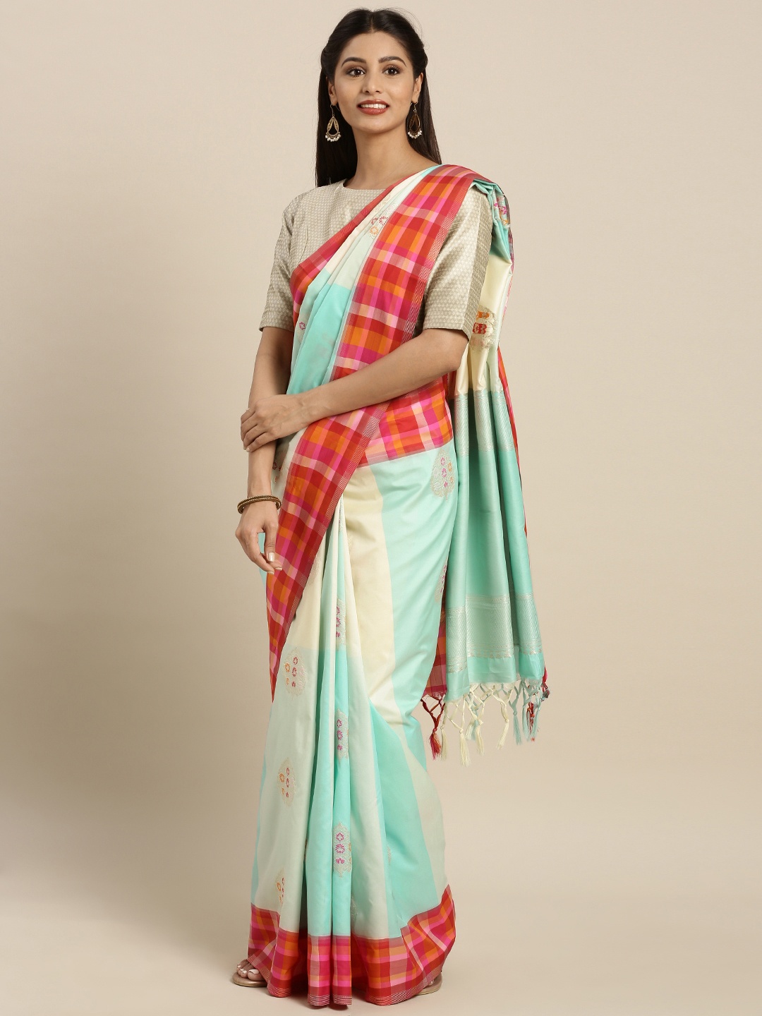 

Varkala Silk Sarees Sea Green & Red Silk Blend Woven Design Kanjeevaram Saree