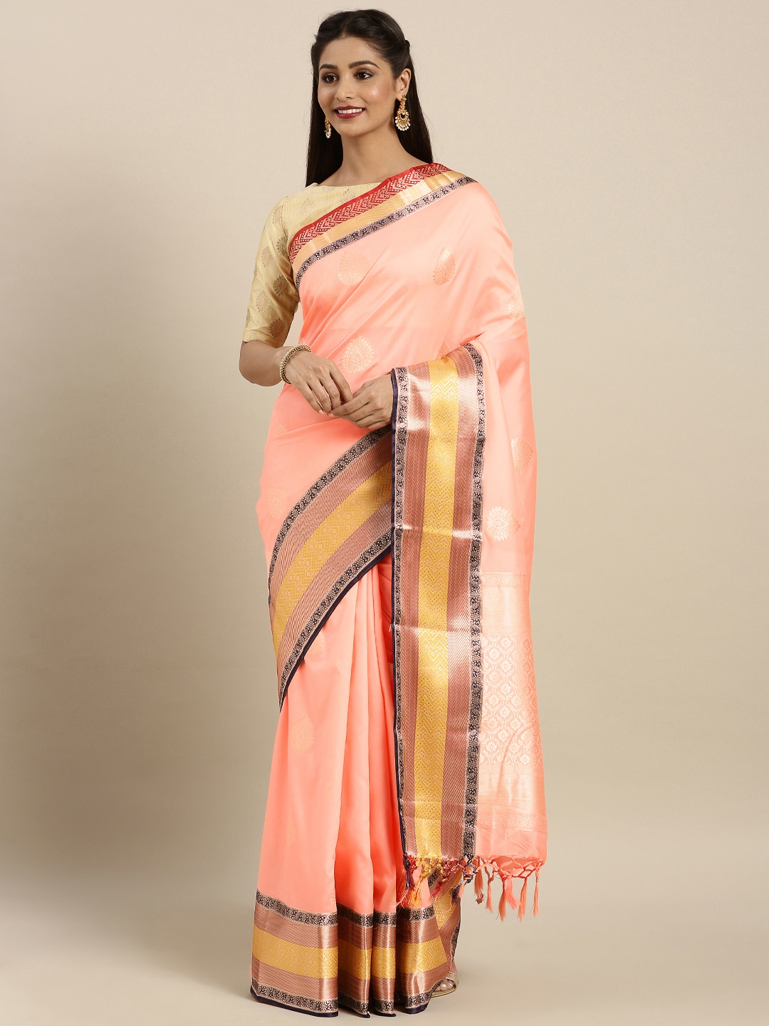 

Varkala Silk Sarees Peach-Coloured & Navy Blue Silk Blend Woven Design Kanjeevaram Saree