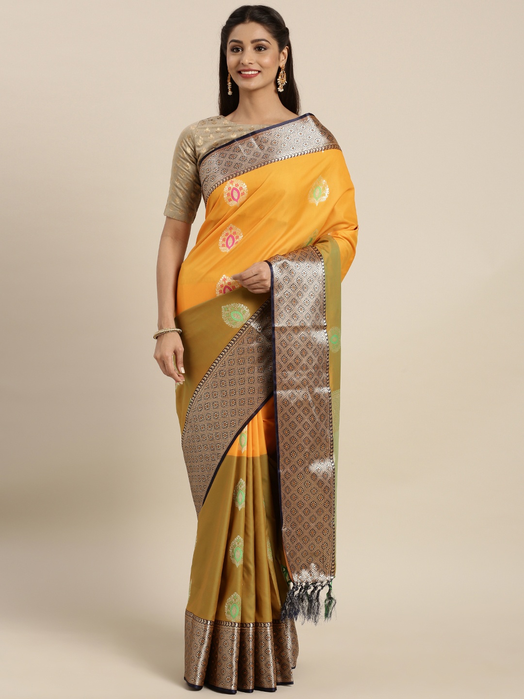 

Varkala Silk Sarees Orange & Green Silk Blend Woven Design Kanjeevaram Saree