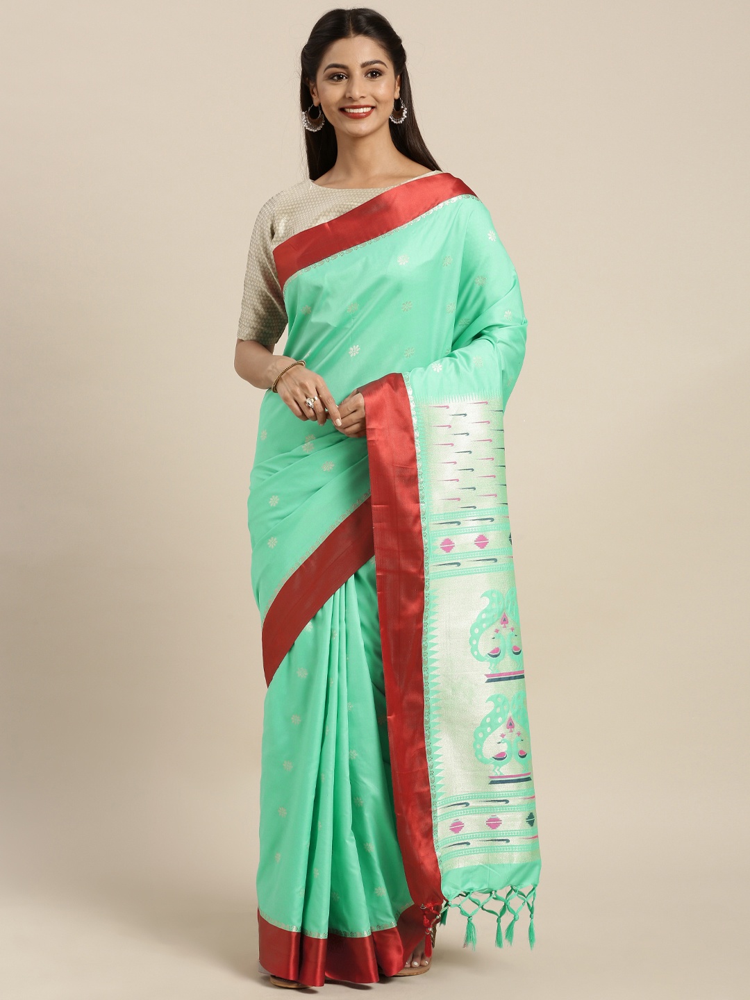 

Varkala Silk Sarees Sea Green & Red Woven Design Silk Blend Paithani Saree